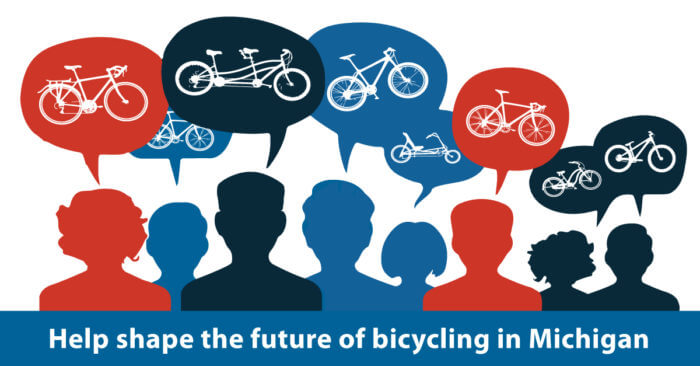 Silhouettes of various people discussing bicycling, with text: Help shape the future of bicycling in Michigan