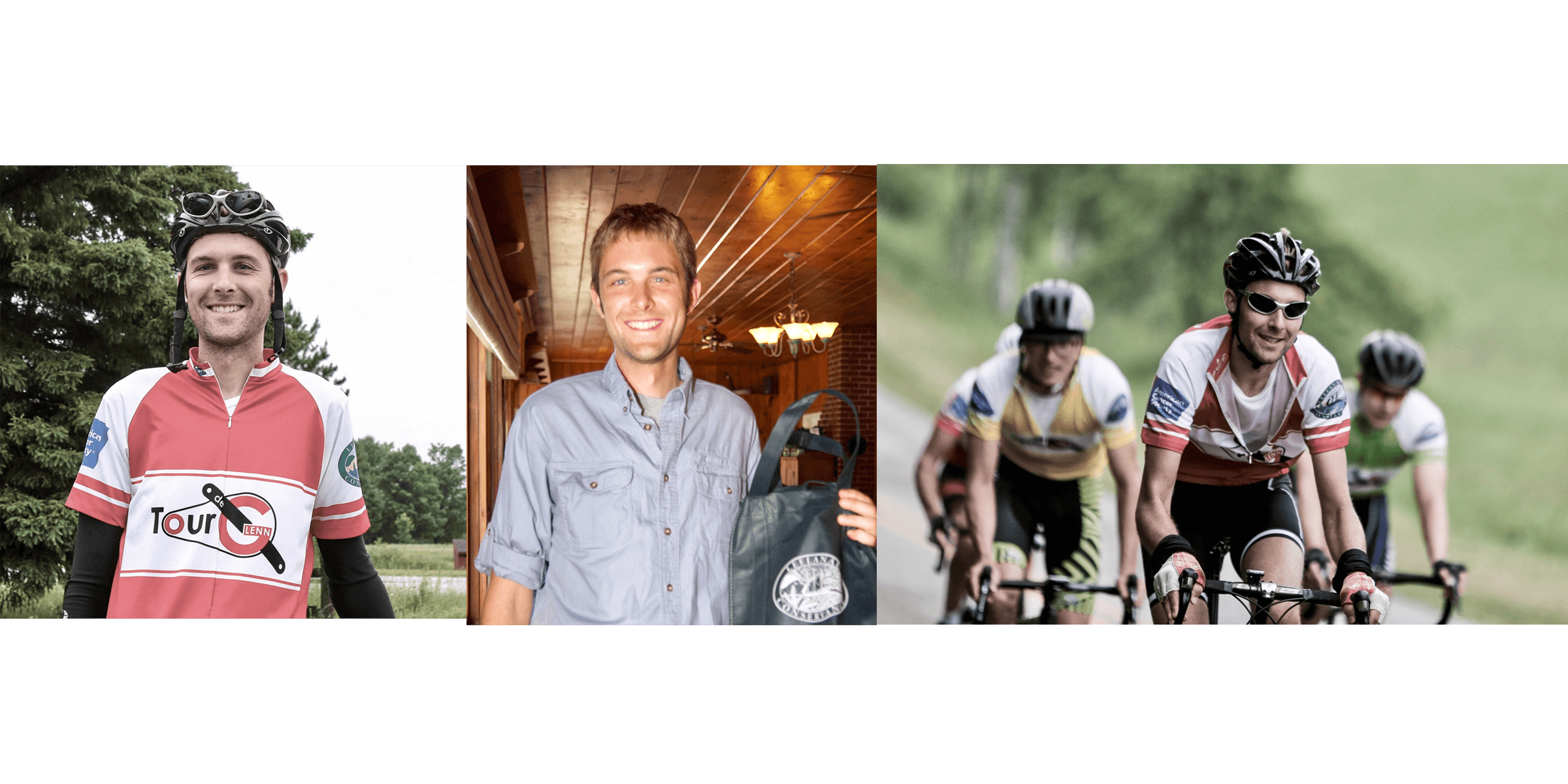 Three photos of Marc VanOtteren, a tall young man with sandy blond hair, wearing a cycling jersey, in casual clothes, and riding a road bike with friends.