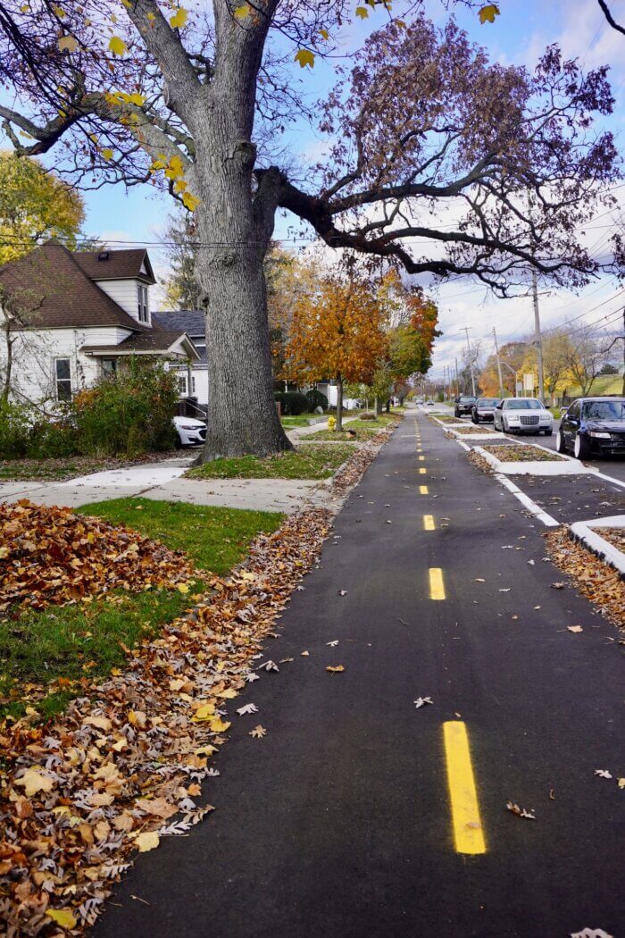 A protected bike lane on Turner Avenue in Grand Rapids, MI.