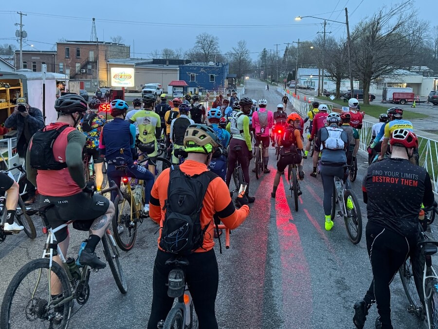 Gravel riders preparing to start the 100 mile Savage Century (part of Dirty 30) in Saranac, MI — April 2025.